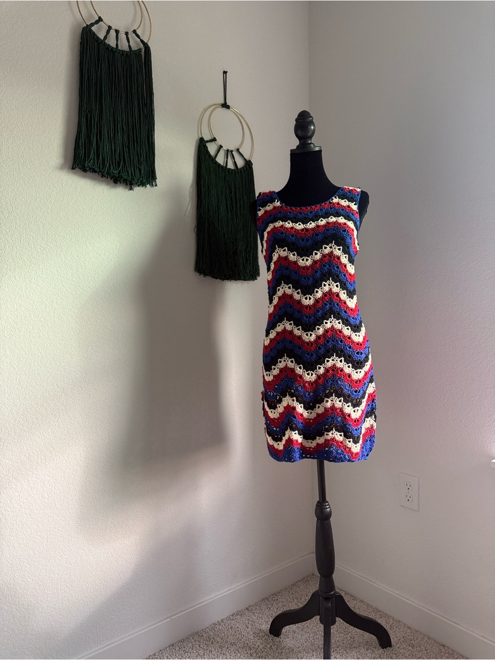 Vici Crochet Wave Tank Mini Dress in Blue, Red, Black & Cream - Picture 7 of 12